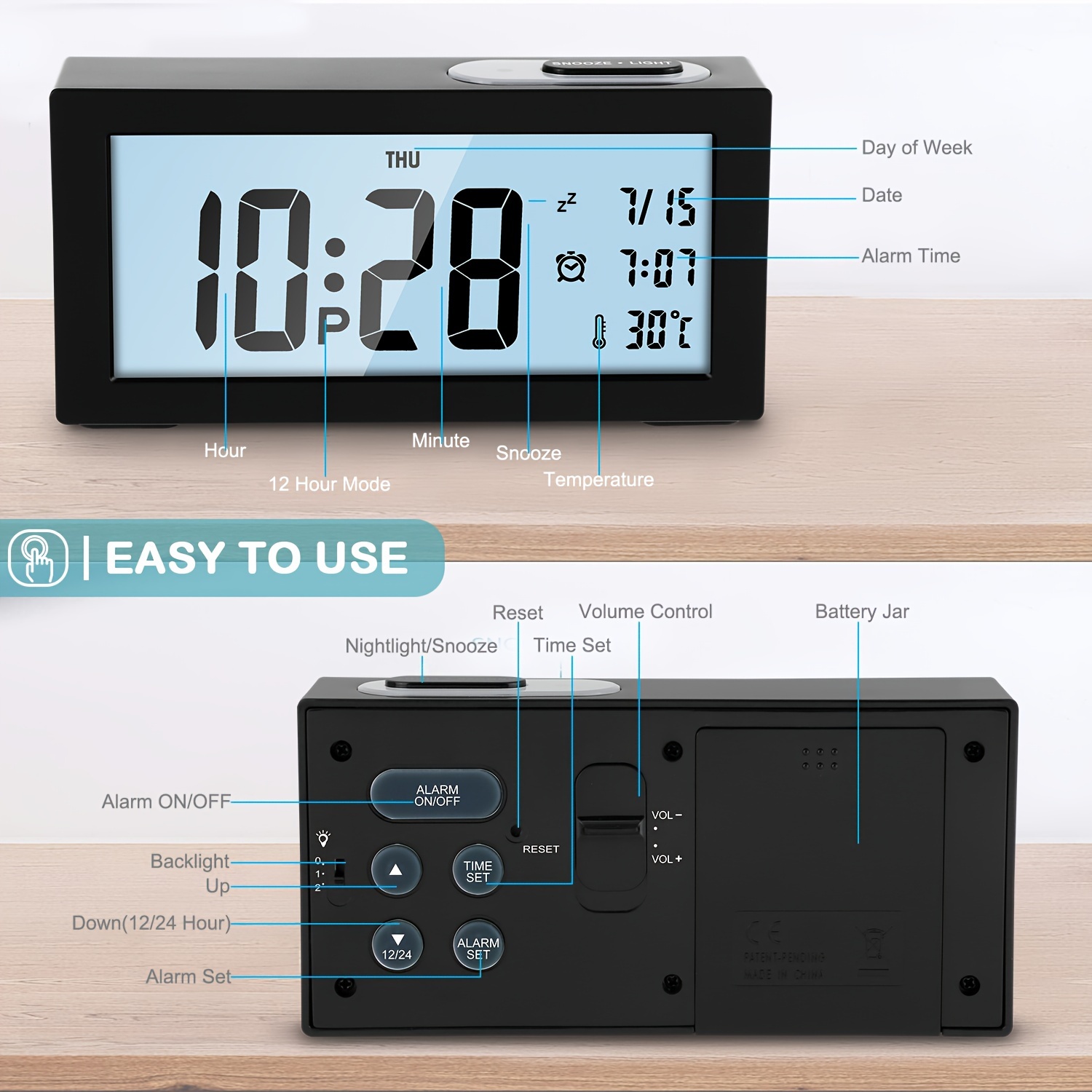 Digital Clock with Time, Date, Indoor Temperature, 2 Alarm Clocks