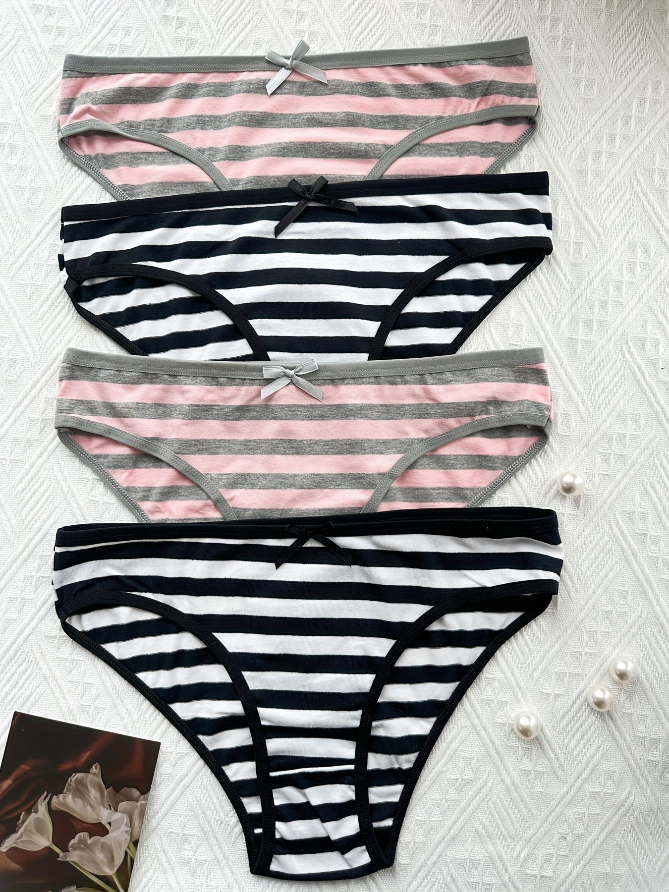 4pcs Striped Bow Tie Briefs, Comfy & Breathable Stretchy Intimates Panties,  Women's Lingerie & Underwear