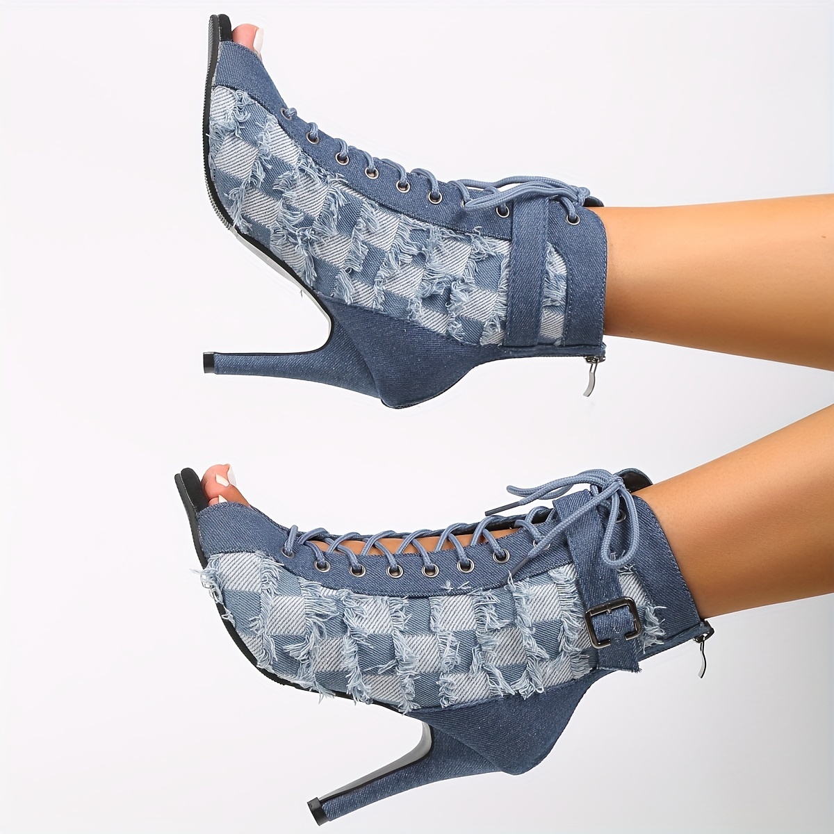 Women's Plaid Pattern Denim Boots, Fashion Point Toe Tassel Detailed Boots,  Comfortable Dress Boots - Temu
