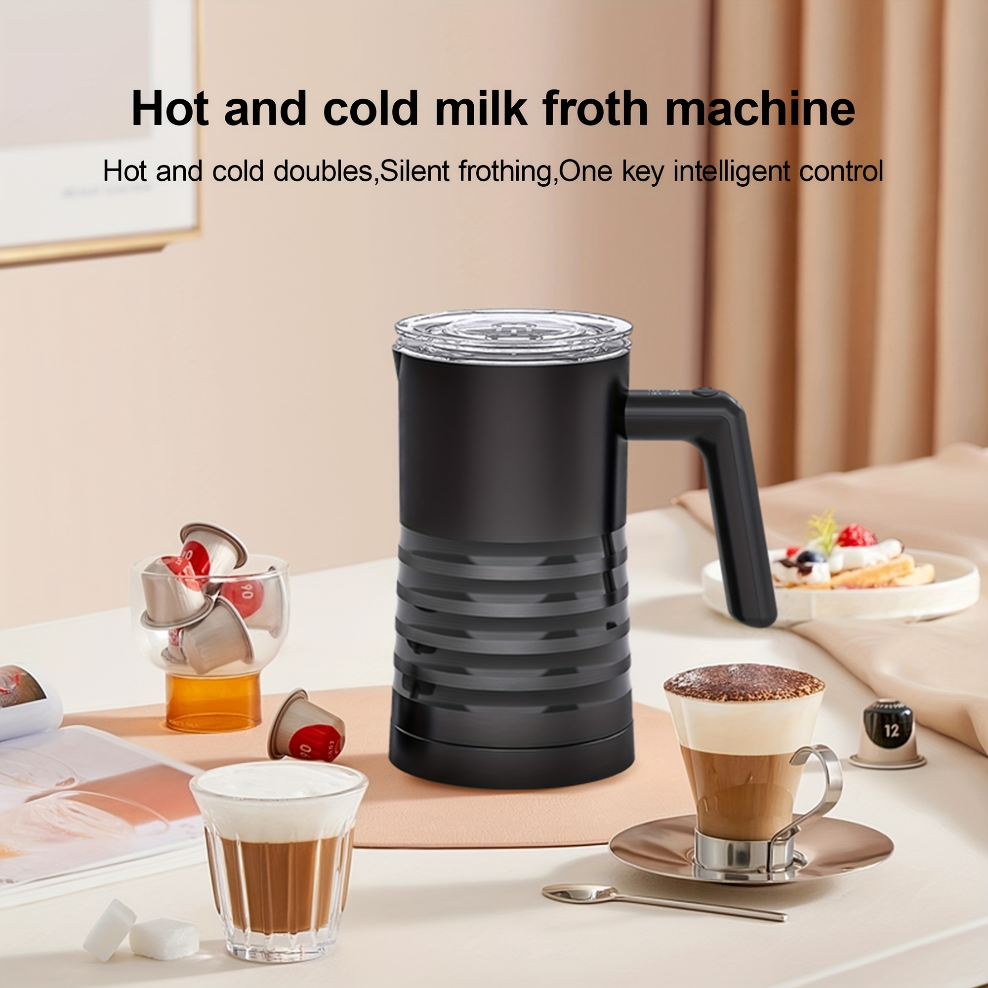 220V Milk Frother, Foam Maker-- Cold and Hot Black Stainless Steel  Detachable Mute Automatic Foam Machine, for Lattes Hot Cocoa