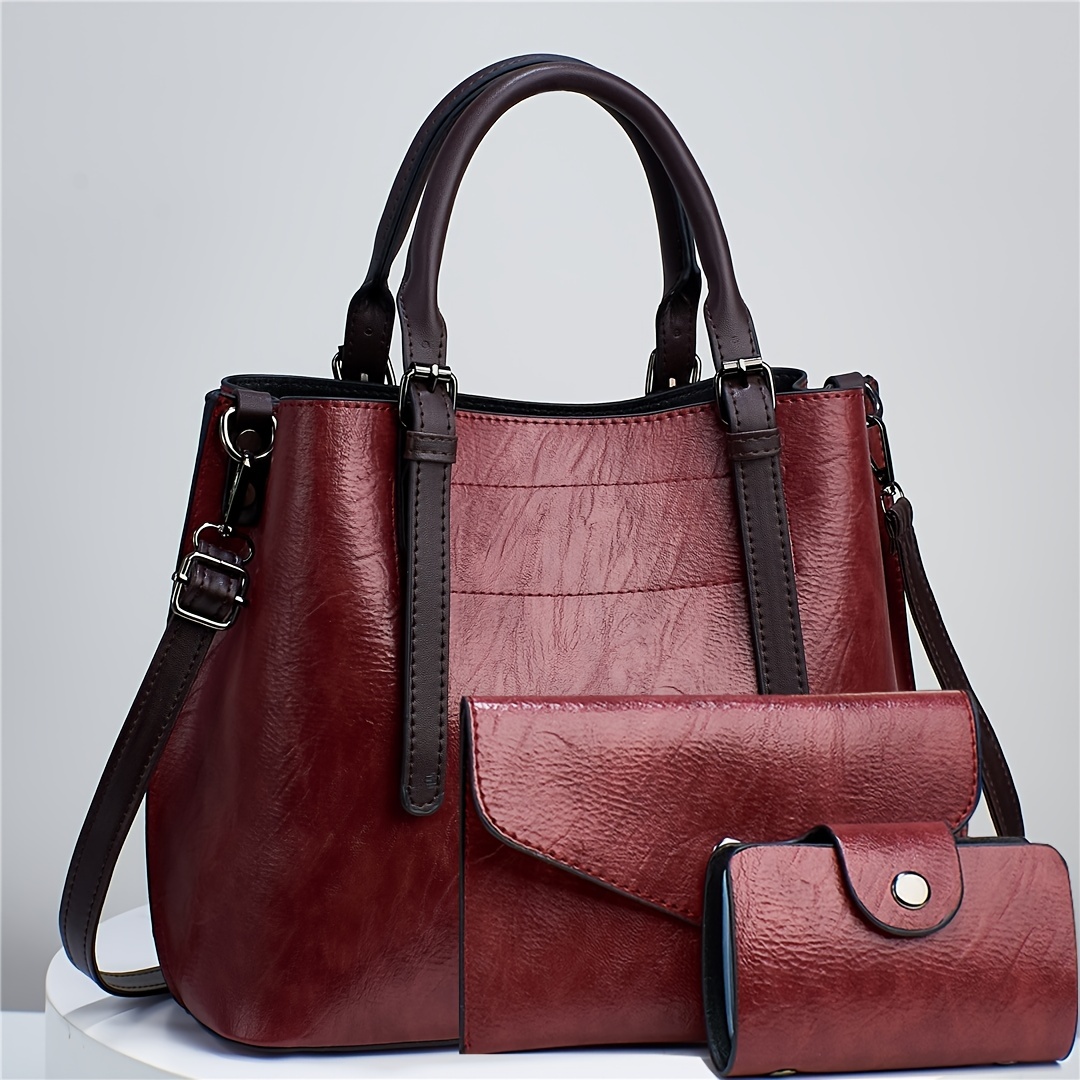 3pcs faux leather tote bag set fashion handbag with clutch purse and credit card holder womens shoulder bag details 3