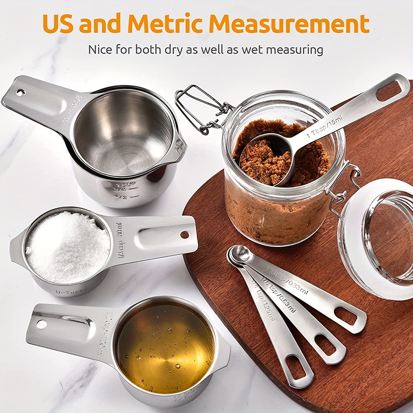 Measuring Cups and Spoons Set of 7 Stainless Steel for Cooking & Baking