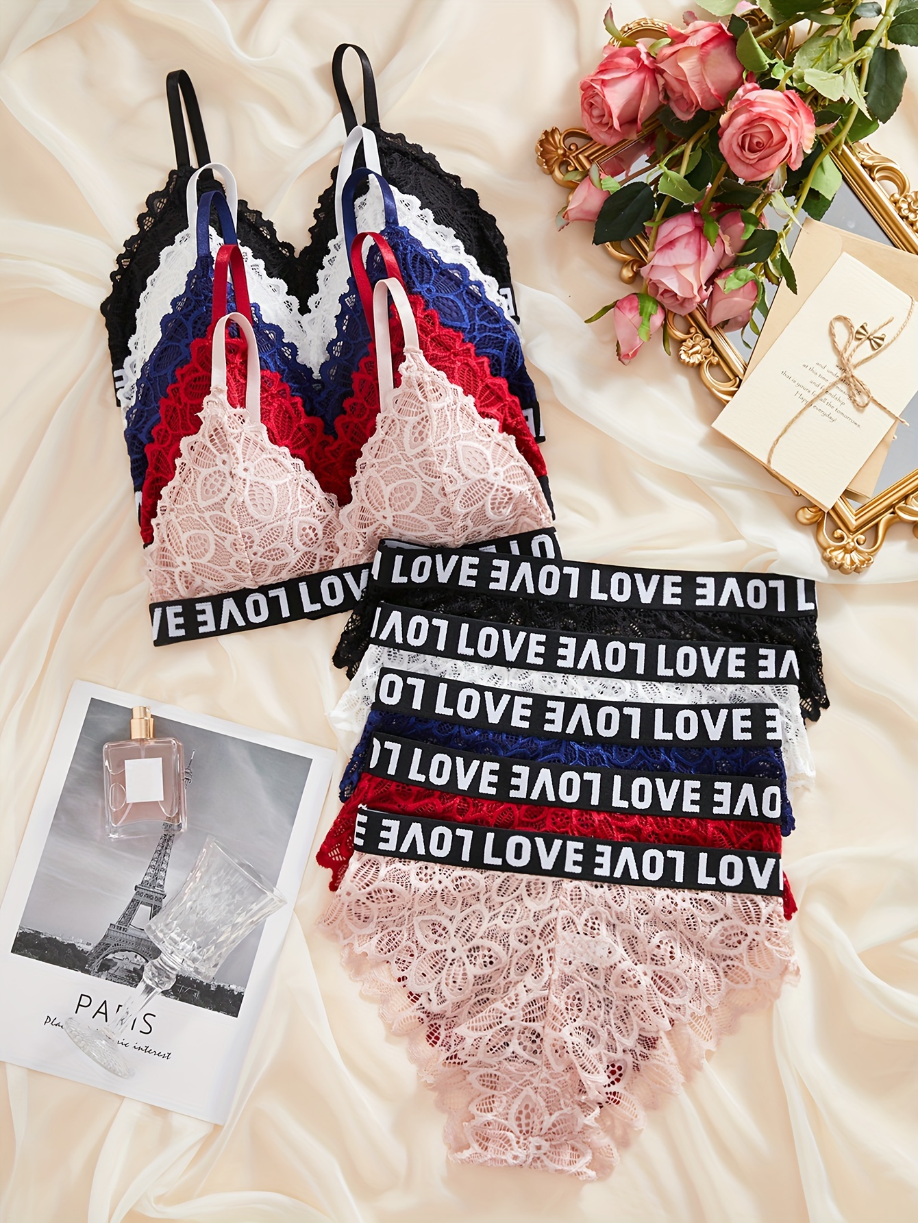 Velvet Bra & Panties, Double Straps Bra & Lace Trim Panties Lingerie Set,  Women's Lingerie & Underwear