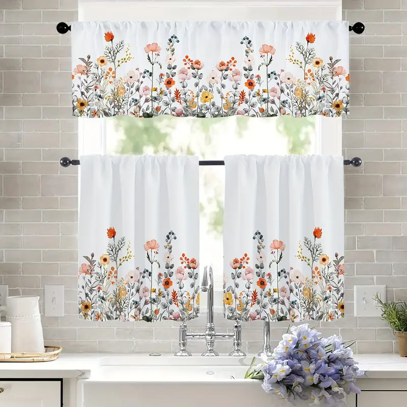 Hand Painted Floral Semi blackout Kitchen Short Curtains - Temu