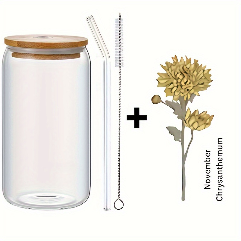 NOVEMBER - Chrysanthemum >> 20 oz Glass Cup with Lid + Straw – M