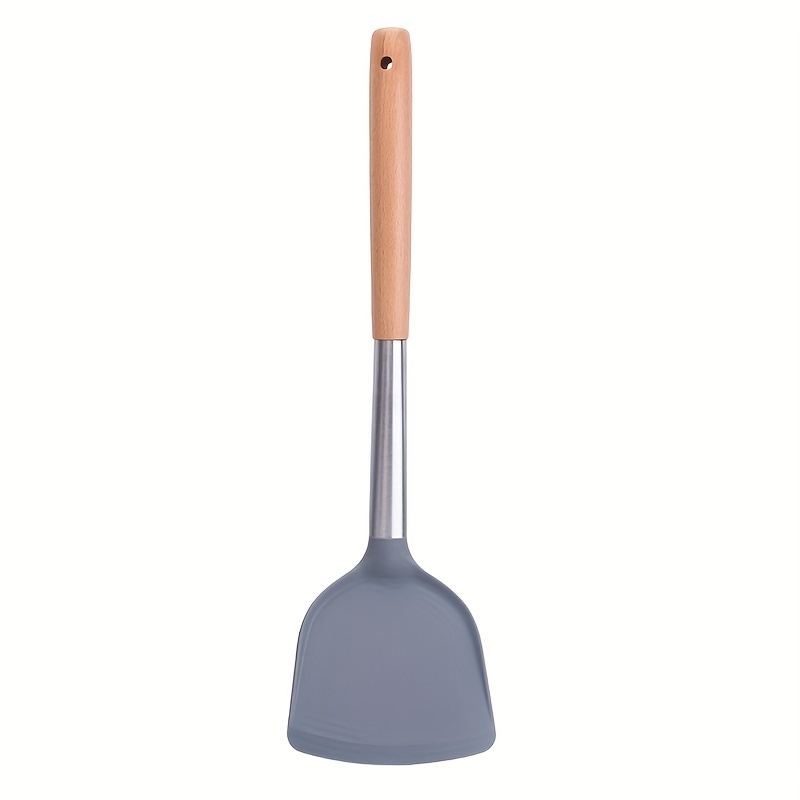 1pc Heat Resistant Silicone Spatula With Beige Wooden Handle For