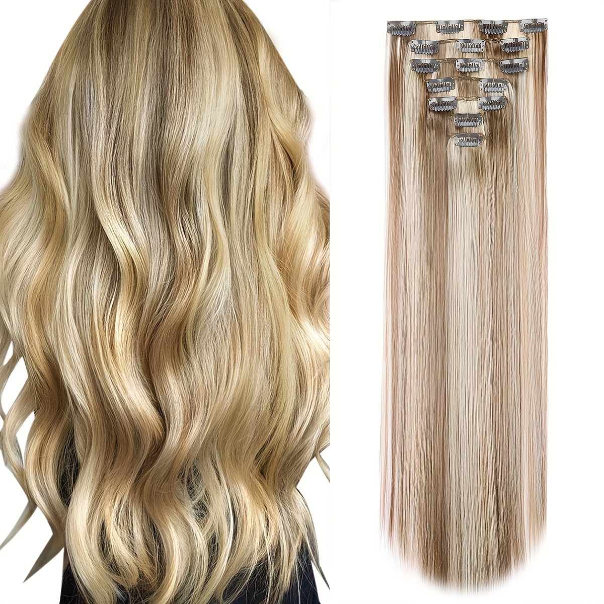 16 clips Long Straight Synthetic Blonde Hair Extensions Clips in