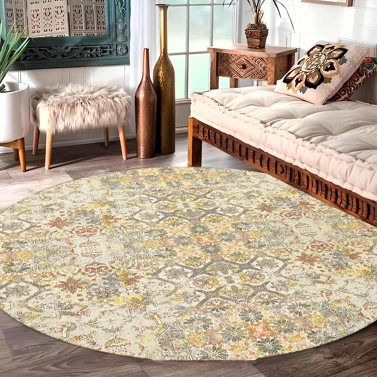 1pc Boho Kitchen Rug, Round Soft Carpet Mat, TPR Non-slip Backing Rugs Mat,  Area Rugs For Living Room, Throw Bedroom Rug, Floral Print Dinning Room Ru
