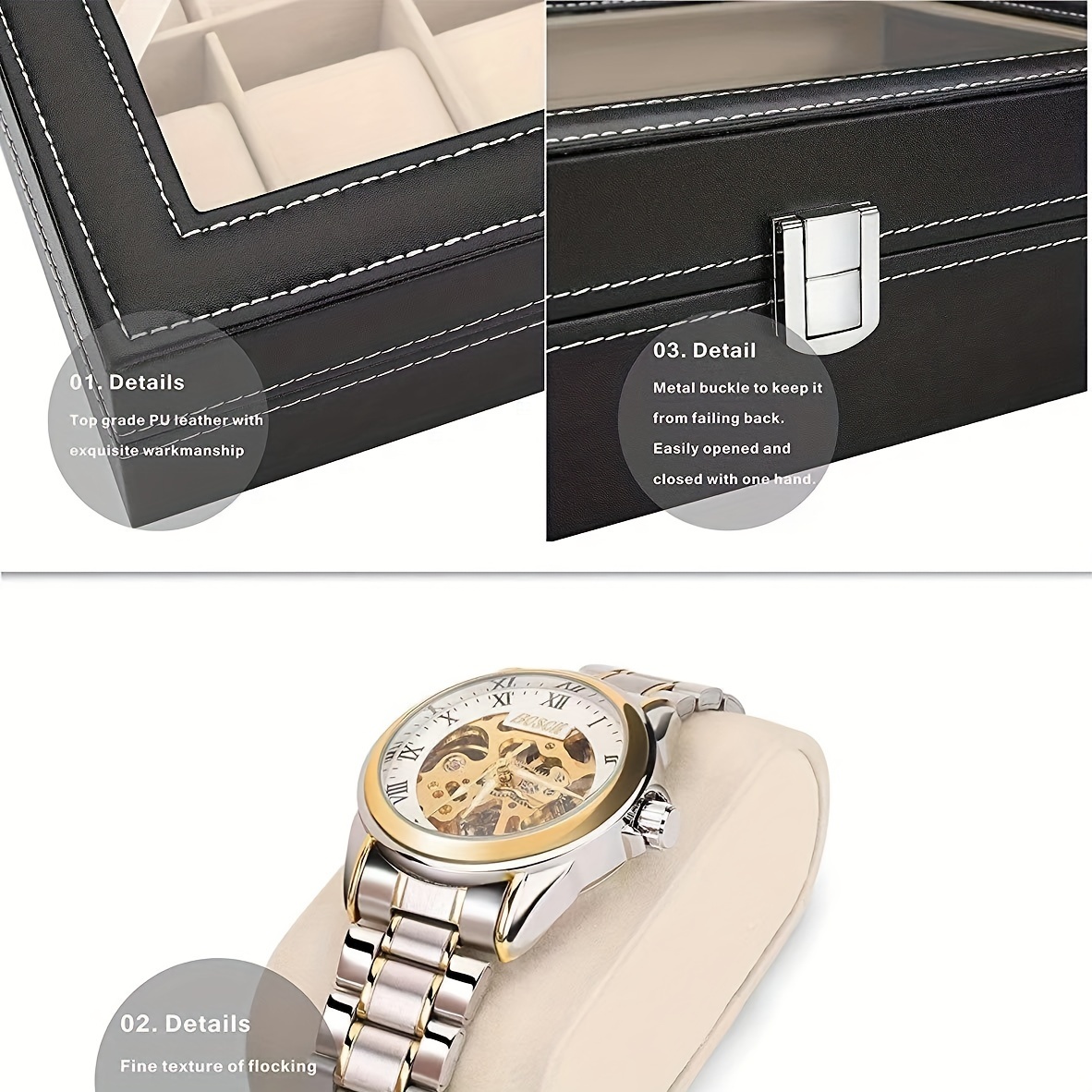 12-digit Watch Storage Box, Wrist Watch Open Window Display Large-capacity Dust-proof Oxidation-proof Watch Case With Lid, Ideal choice for Gifts details 5