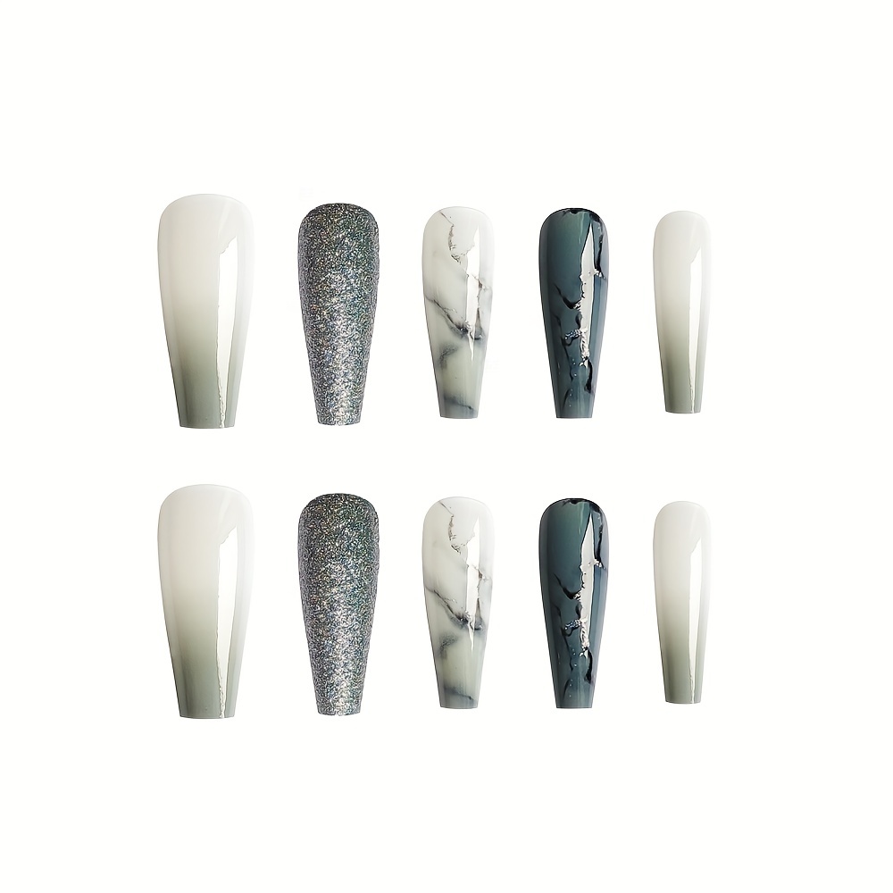 Glitter Gradient Grey Marble Press On Coffin Nails