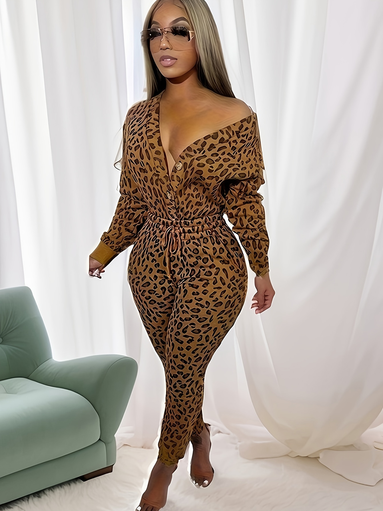 Leopard Print Two piece Set Button Front Long Sleeve Top - Temu