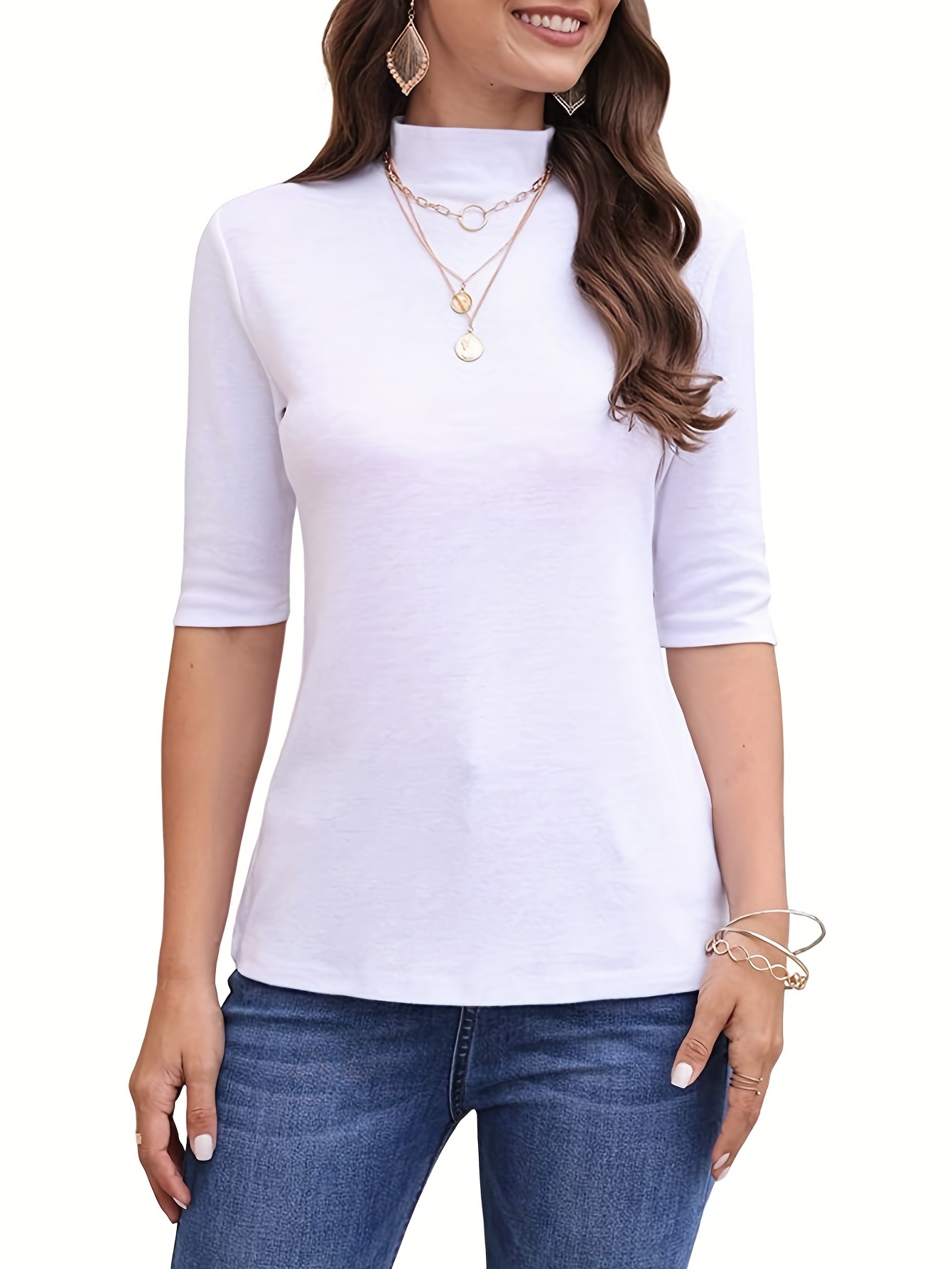Women's High-Neck Half-Sleeve Turtleneck T-Shirt - Stretchy Slim Fit Casual Top, Solid Black, Machine Washable for Spring/Fall Layering, Casual Attire Top, Versatile Fashion Top, Stretchy Fabric Top