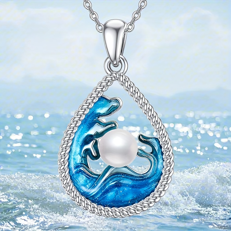 1pc Cute Blue Ocean Wave With Faux Pearl Decor Pendant Necklace For Teen Girls