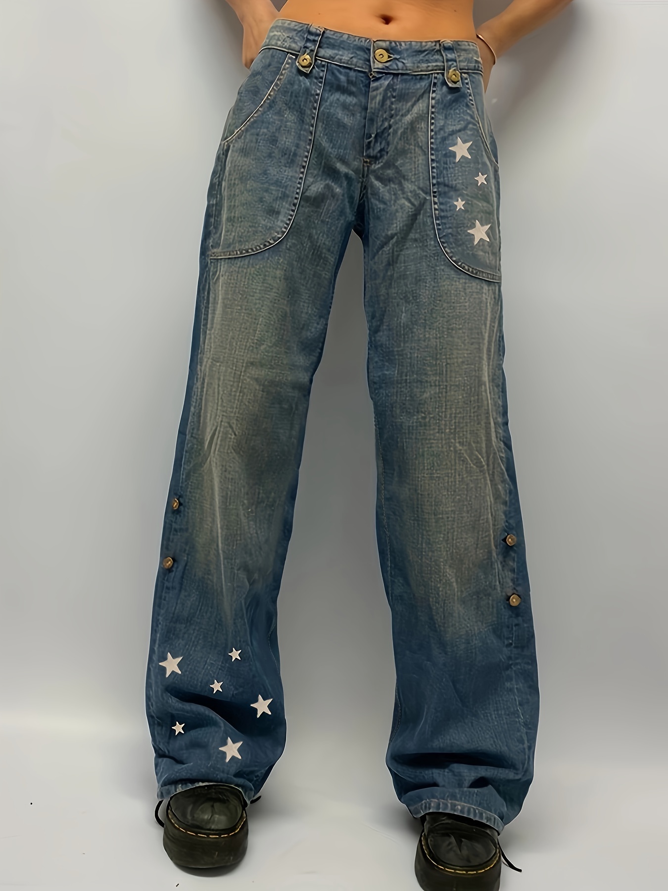 Jeans Retos Lavados Com Estampa De Estrela Calças Jeans Com - Temu