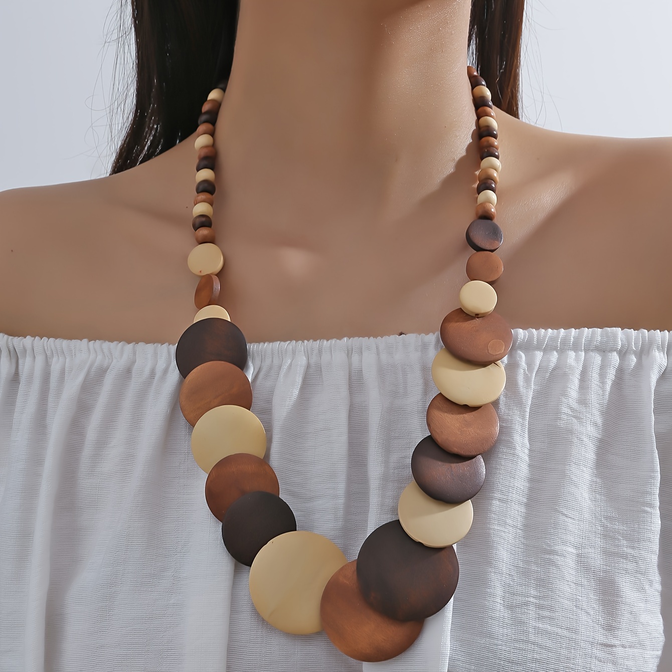 Image of Vintage Ethnic Style Necklace In Brown Tones With Wooden Round Pieces, For Teenager