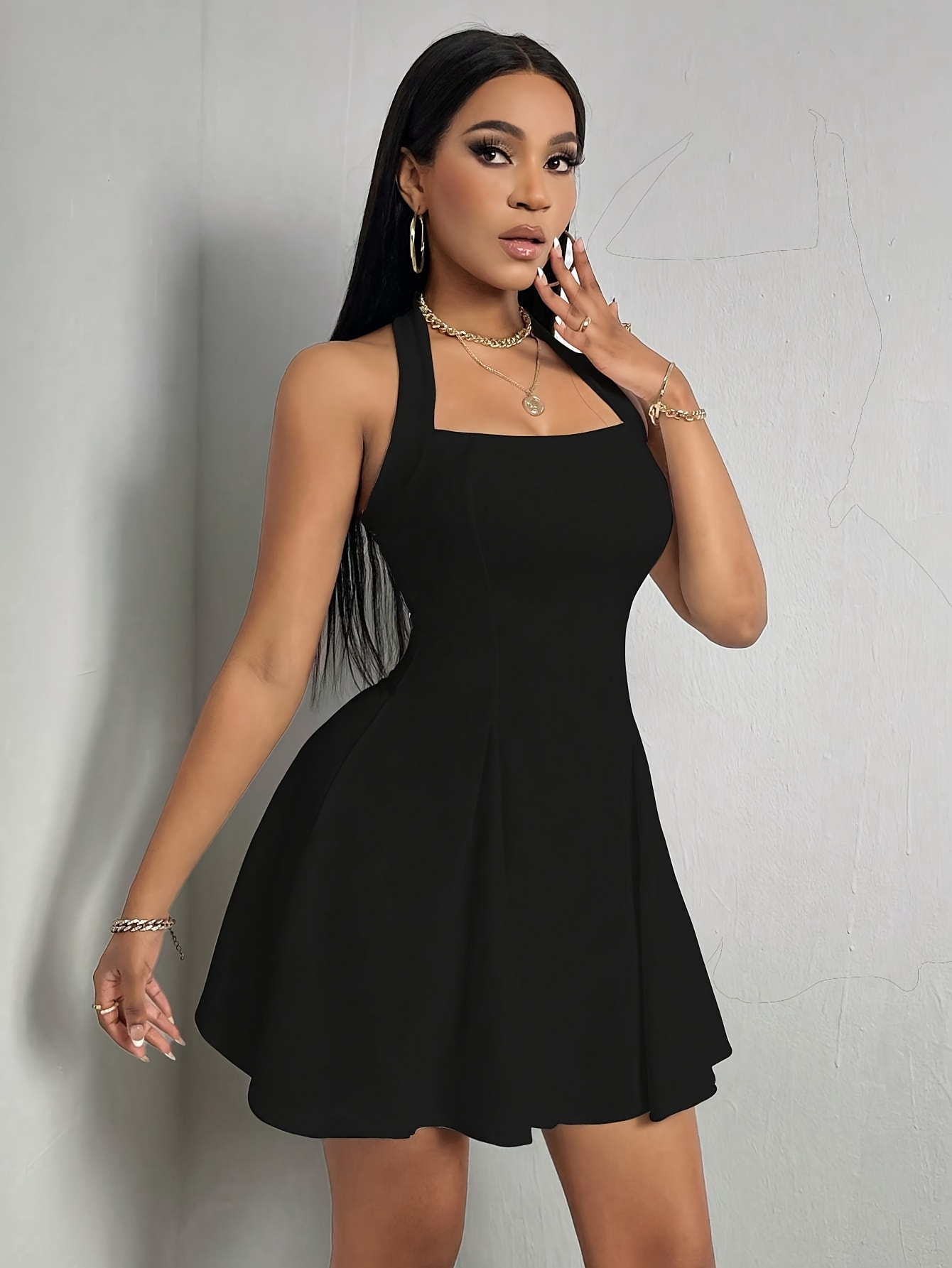 Solid Color Halter Neck Dress Y2k Backless Straight Neck - Temu United  Kingdom