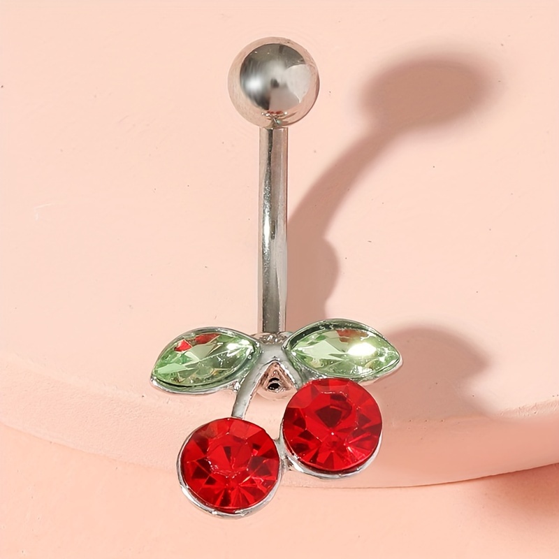 1pc Red Cherry Belly Button Ring, Stainless Steel Piercing Navel Nail,  Fashion Party Body Jewelry