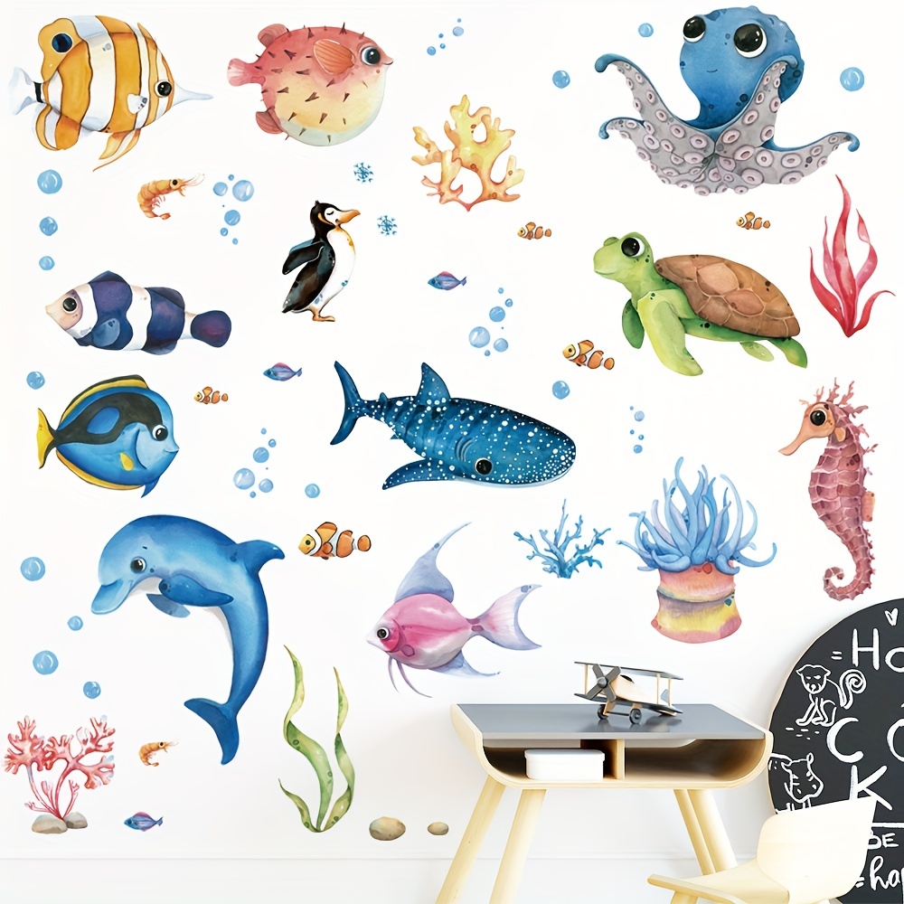 Autocollant mural 3D amovible créatif 3D sous la mer, vie océanique,  corail, herbe, poisson, tortue de mer, baleine, décoration murale pour  chambre