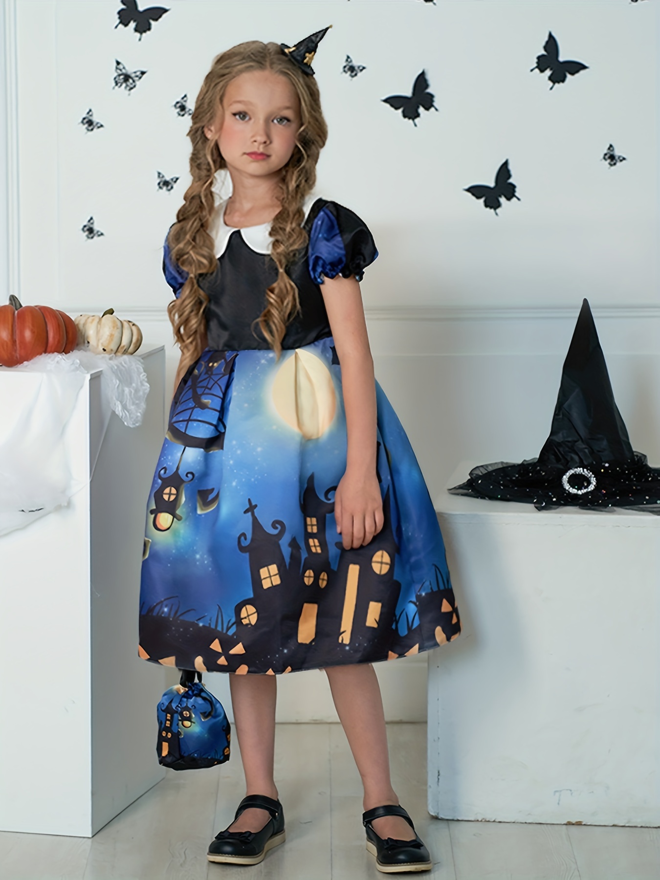 Girl's Halloween Dress Up Costume & Accessories, Cartoon Pattern Print A Line Dress, Character Cosplay Outfit, Kids Clothes for Halloween Holiday