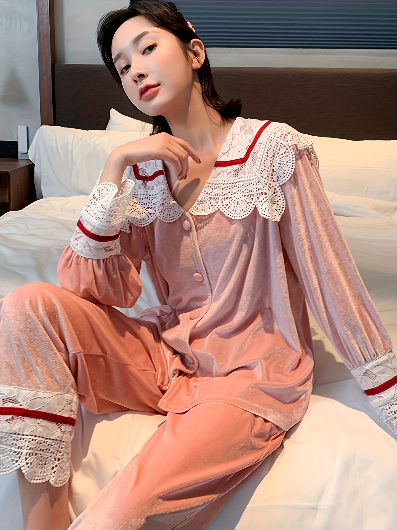 Elegant Solid Velvet Lounge Set Contrast Guipure Lace Long - Temu