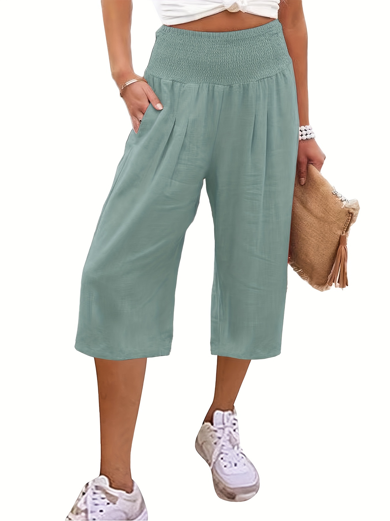 Ladies Women 3/4 Cropped Trousers Stretchy Summer Cotton Capri