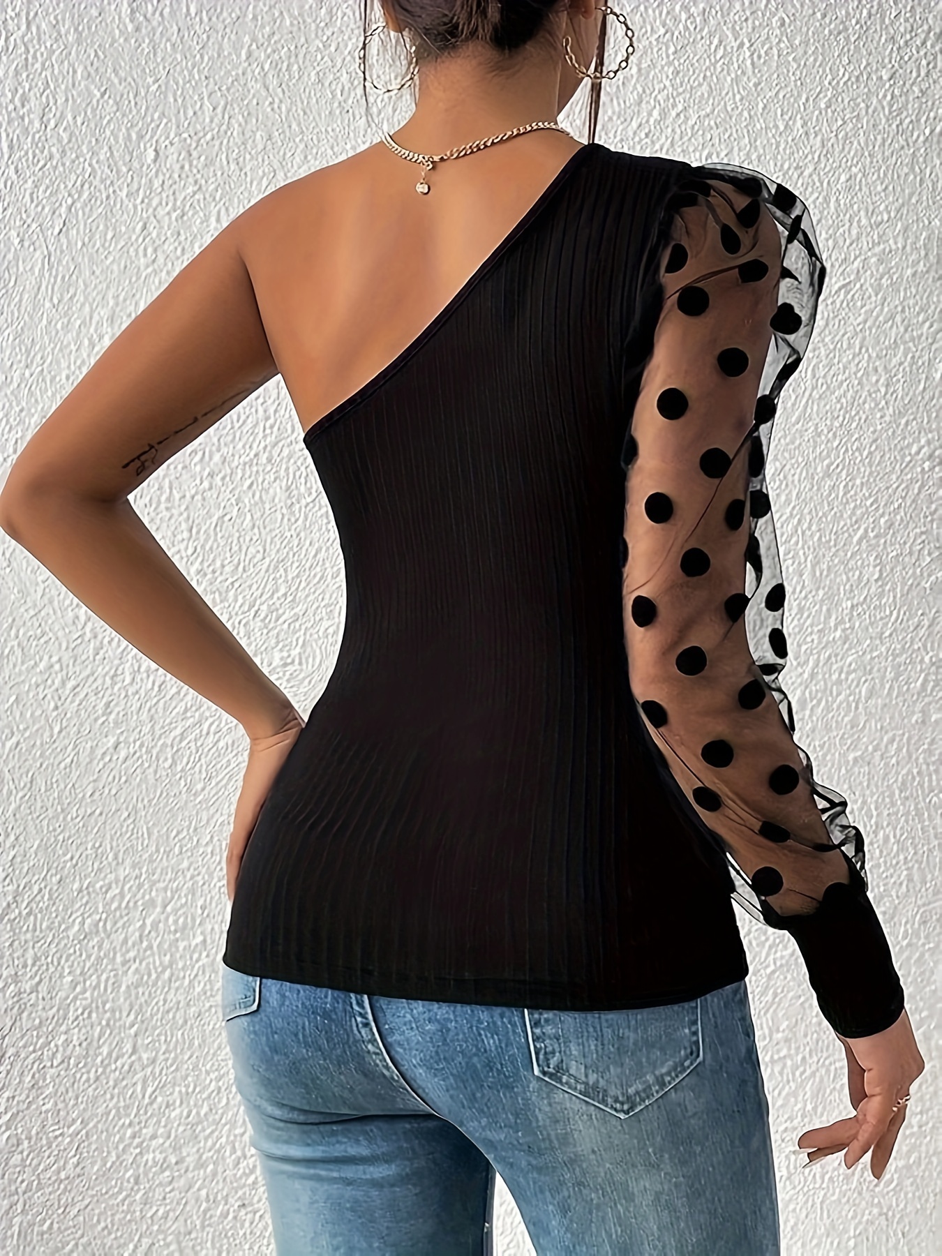 one shoulder polka dot top