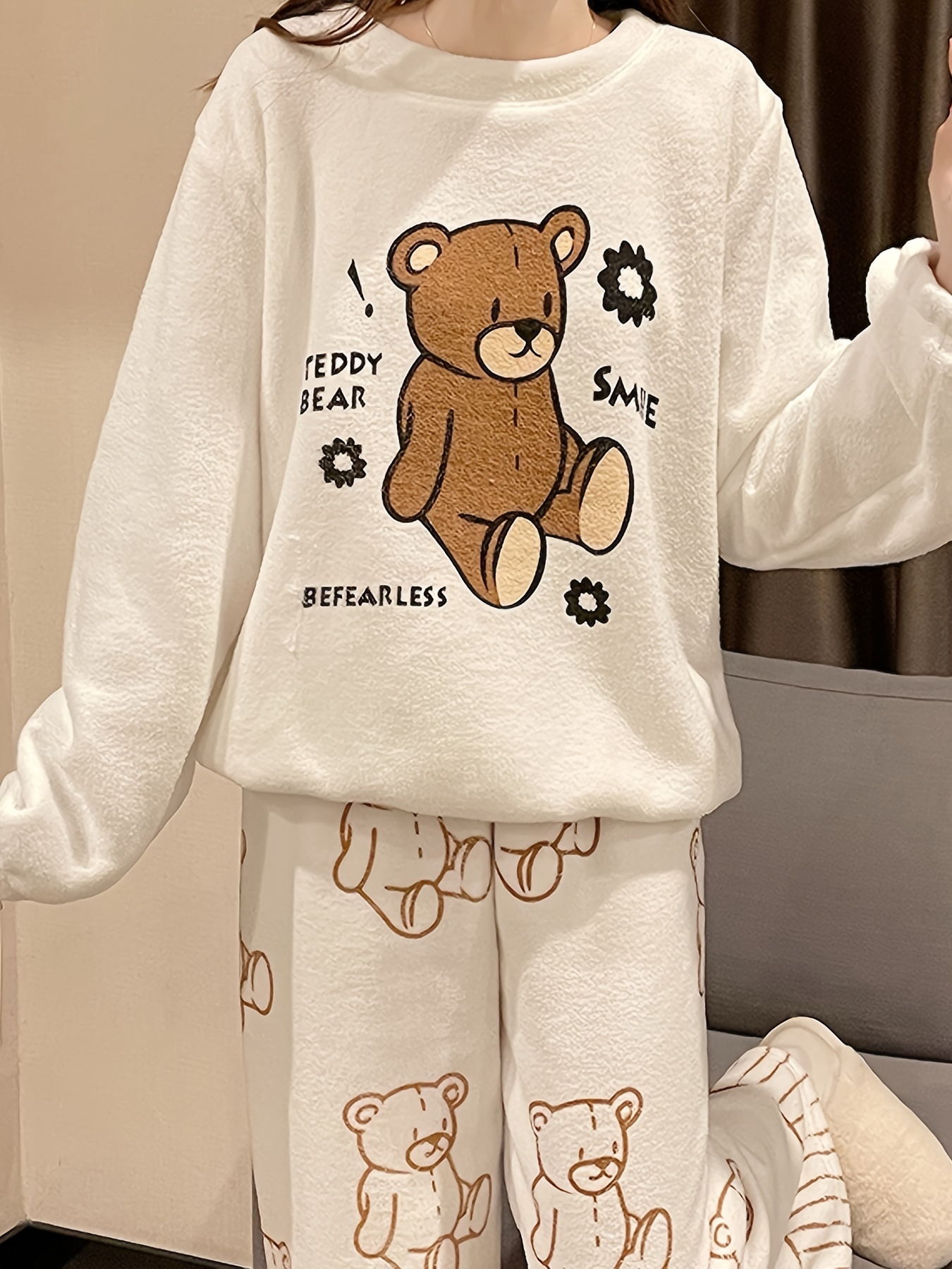 Cute & Warm Teddy Bear Pattern Loungewear Pajamas, Long Sleeve Pullover  Tops & Plaid Pants, Women's Sleepwear & Loungewear