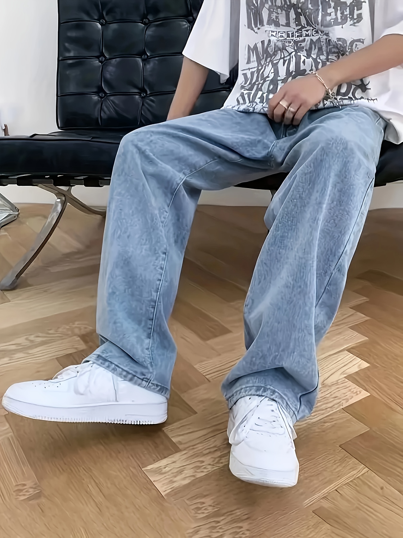 Loose Fit Wide Leg Jeans Men's Casual Distressed Denim Pants - Temu Japan