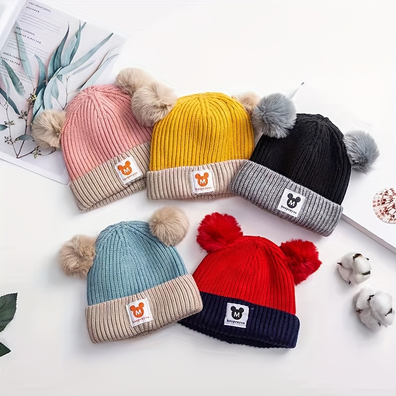 Children Plain Color Wool Knitted Beanie Hat With Fur Ball - Temu