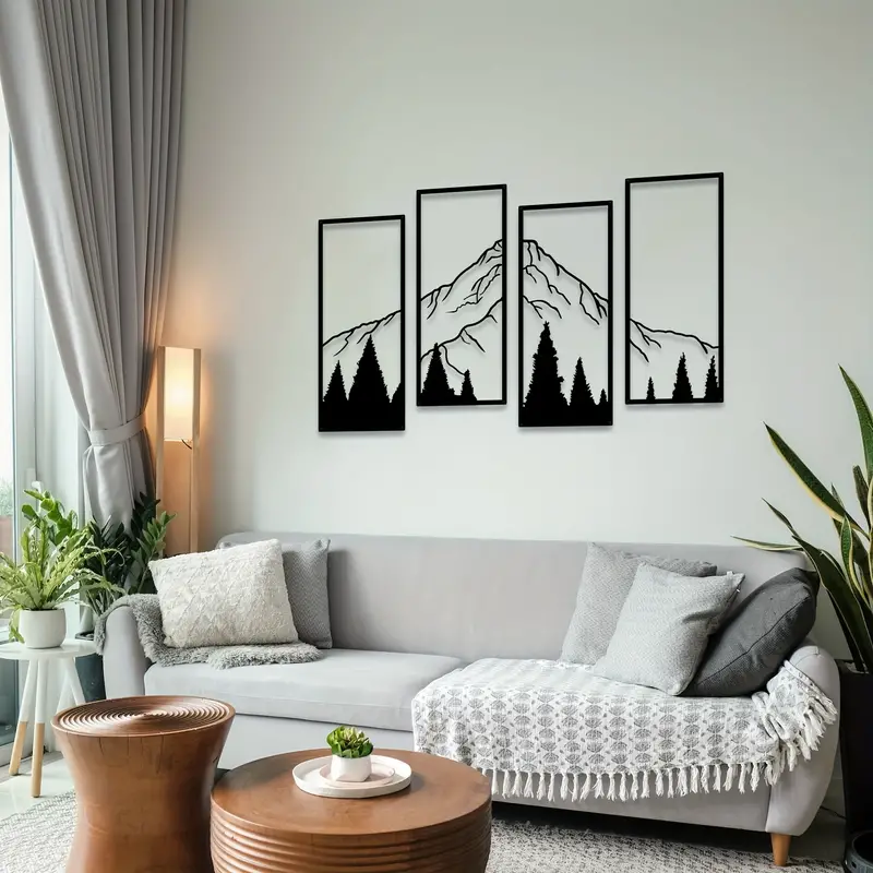 4pcs Minimalist Metal Mountain Wall Decor - Square Sculpture for Home,  Office, Living Room, Bedroom - Unique Wall Art for a Stylish and Elegant  Look