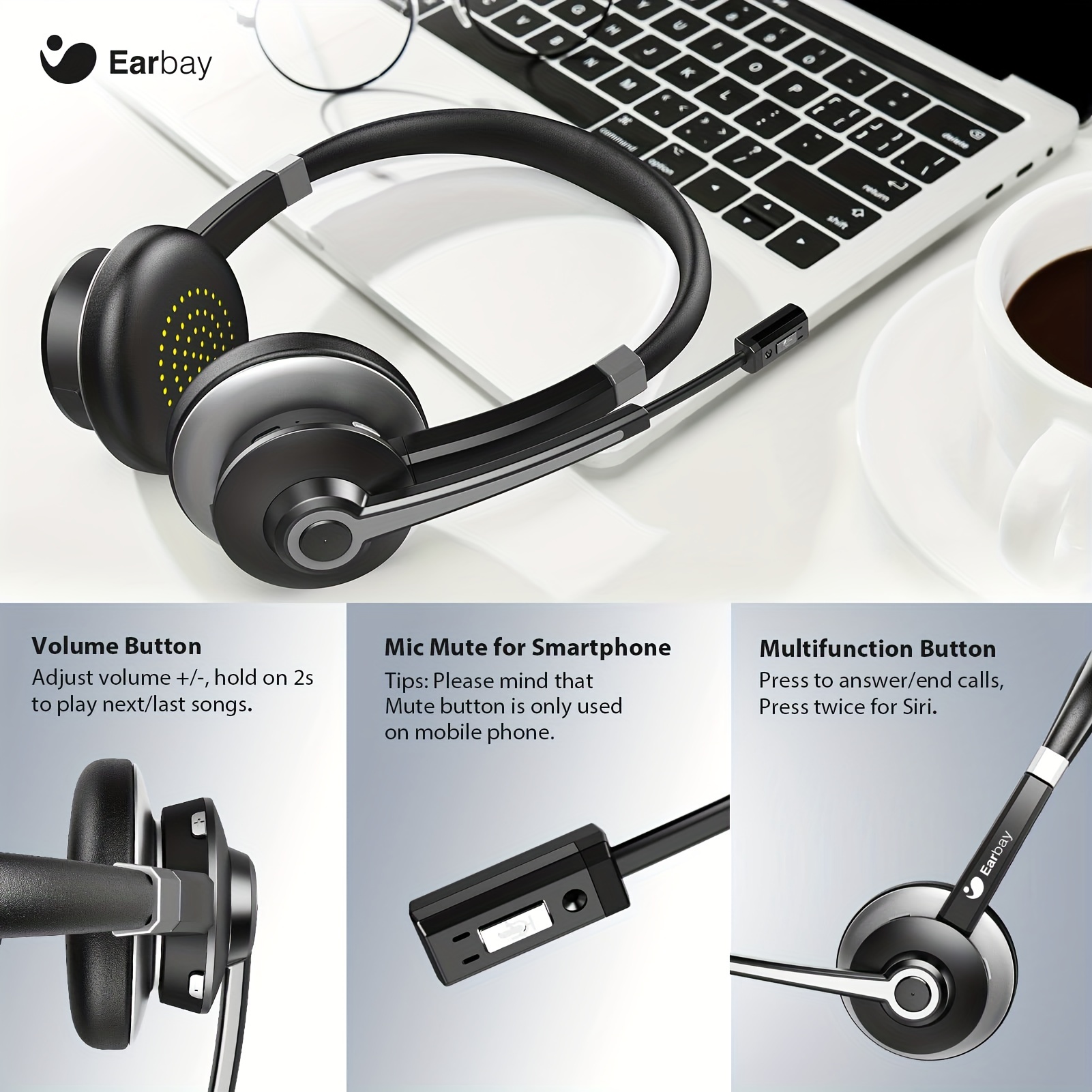 

Headset With Microphone, Wireless Headphones With Microphone Noise Cancelling V5.0, 26h Talk Time, Wireless Headset With Mute For Computer, Meetings, Office, Work, Call Center