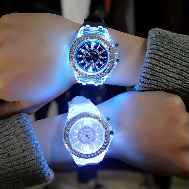 

Montre numérique ronde LED lumineuse incrustée de strass, montres de poignet de sport rondes avec bracelet en silicone, montre de couple