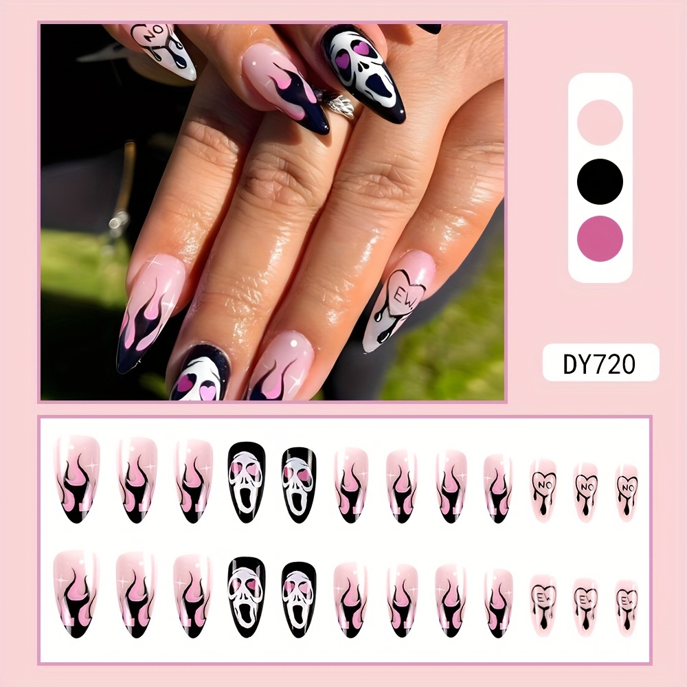  24 Pcs Pink Halloween Press on Nails Medium Length