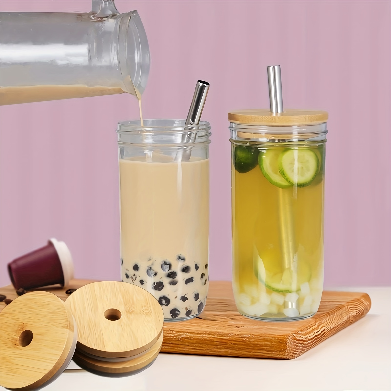 Reusable Boba/Bubble Tea/Smoothie Glass Cup with Bamboo Lid