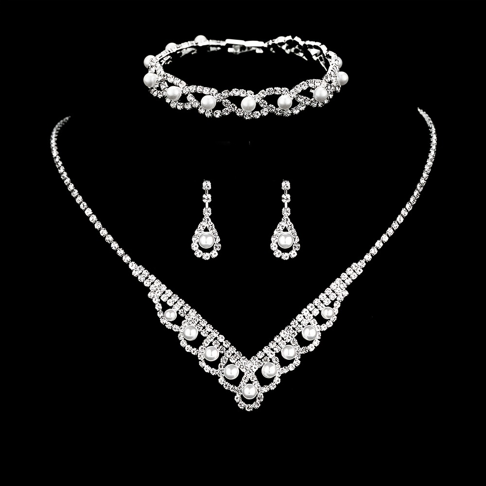 1set/3pcs Luxurious Waterdrop Shaped Pink Zircon Necklace & Earrings Set  Bridal Wedding Dress Accessories For Women