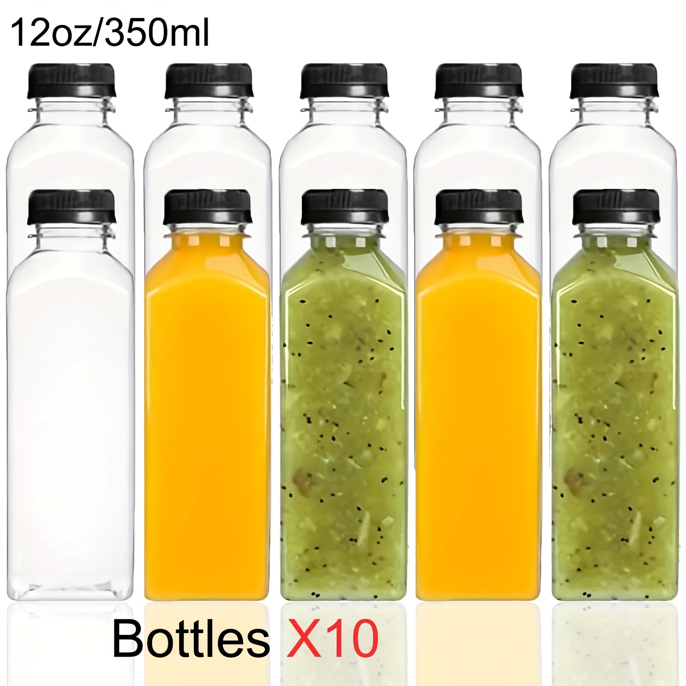 12oz Empty Clear PET Plastic Juice Bottles With Black Caps 