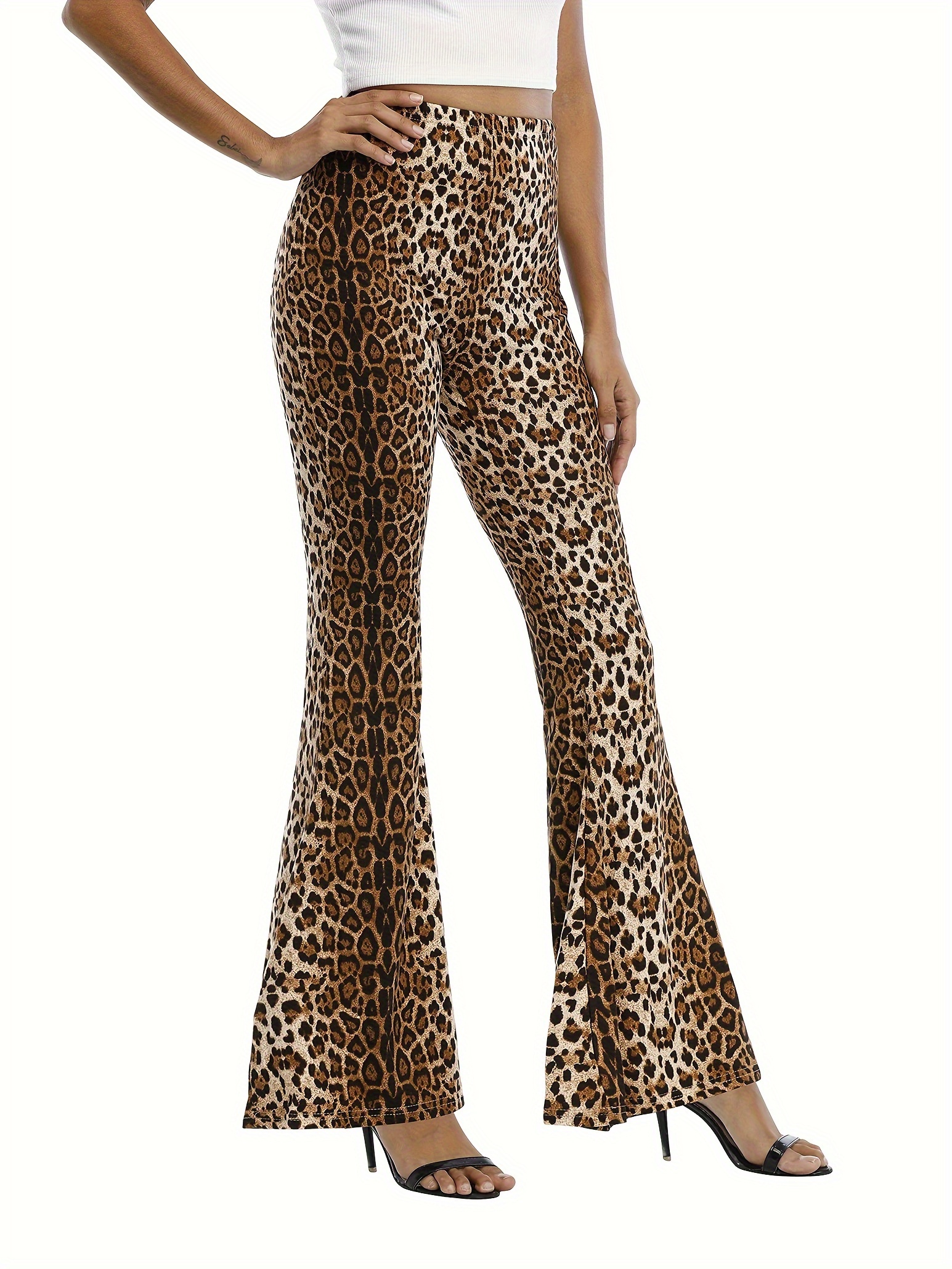 Leopard Print Flare Leg Pants, Elegant Long Length Pants For Spring & Fall,  Women's Clothing