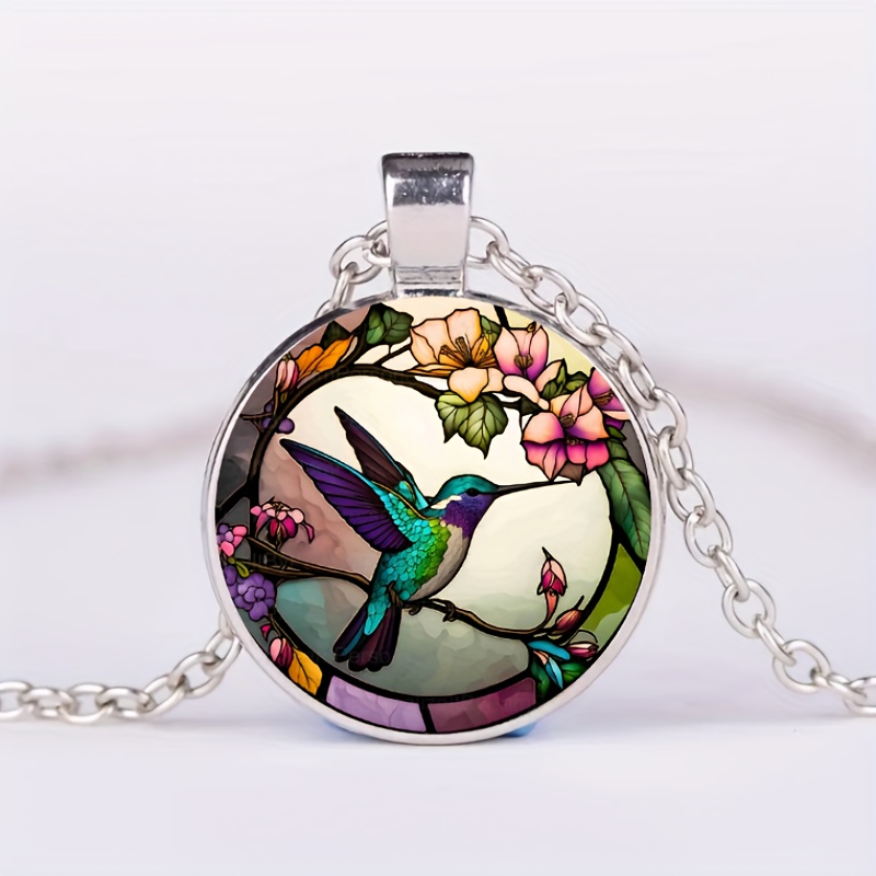 1pc hummingbird pattern time gem round pendant necklace for men women details 0