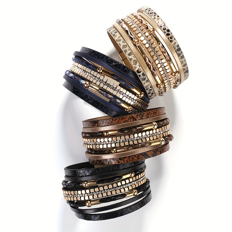 Snakeskin Pattern Leather Bracelet Multilayer Wrap Magnetic Clasp