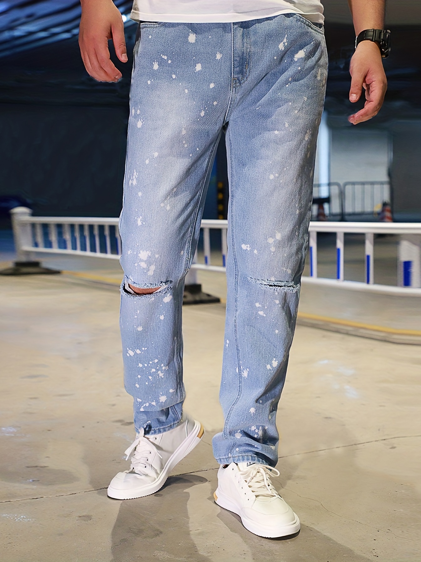 Splatter Pattern Ripped Jeans Men's Casual Street Style Denim Pants