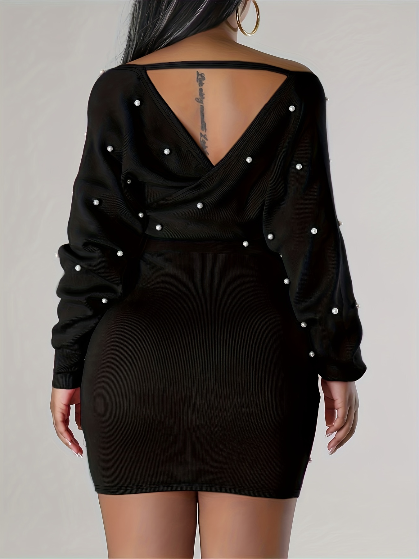 Embellished Fitted Dress, Relaxed Long-Sleeve Plain Off-Shoulder Outfit, Ladies' Apparel