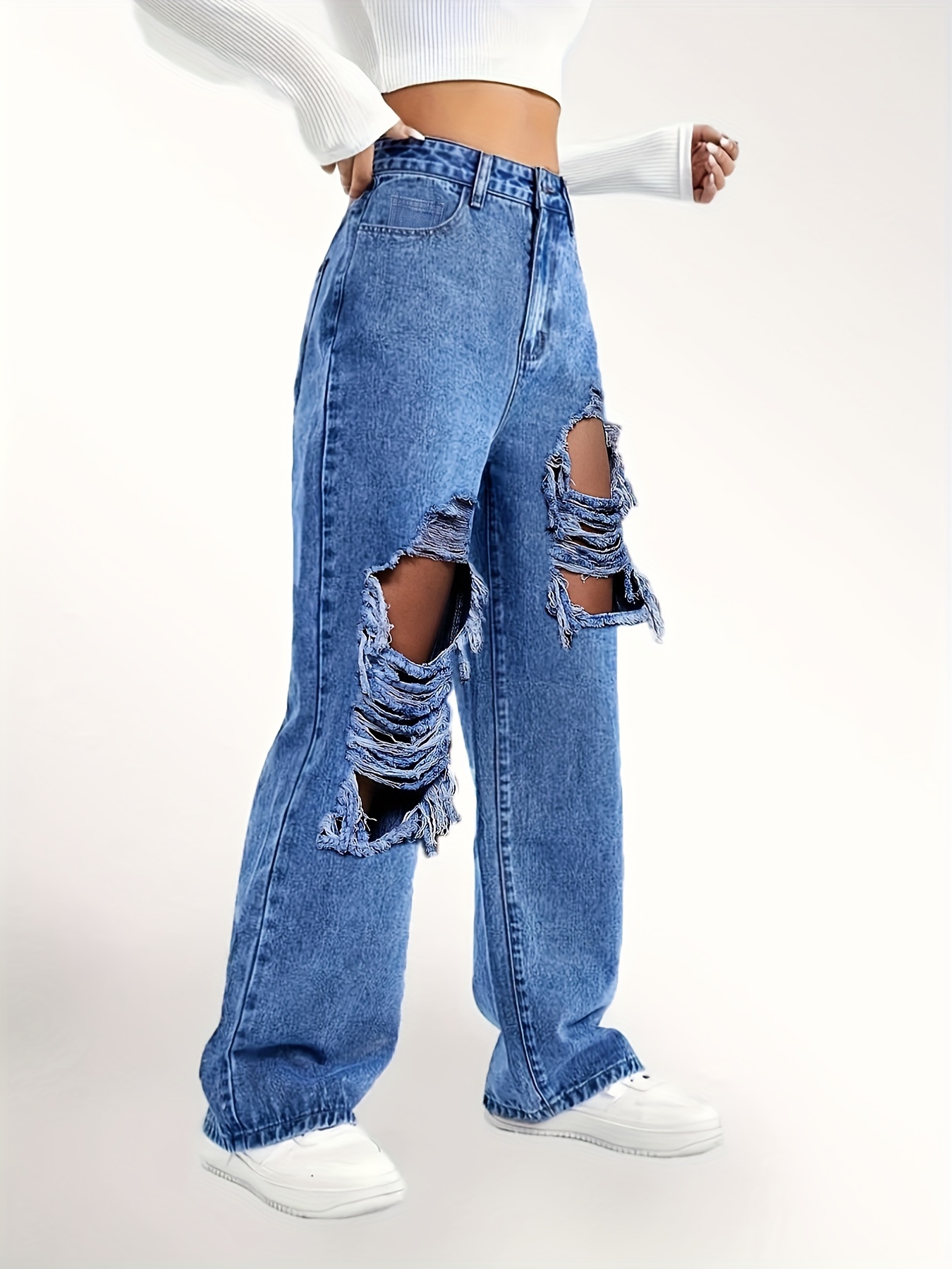 Moda Loose Girls Jeans Pantalones Anchos De Cintura Alta
