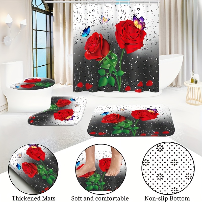 jieprom 4PCS Red Rose and Lion Shower Curtain Bathroom Set with Non-Slip  Rugs, Toilet Lid Cover and Bath Mat, Red Shower Curtain with 12 Hooks