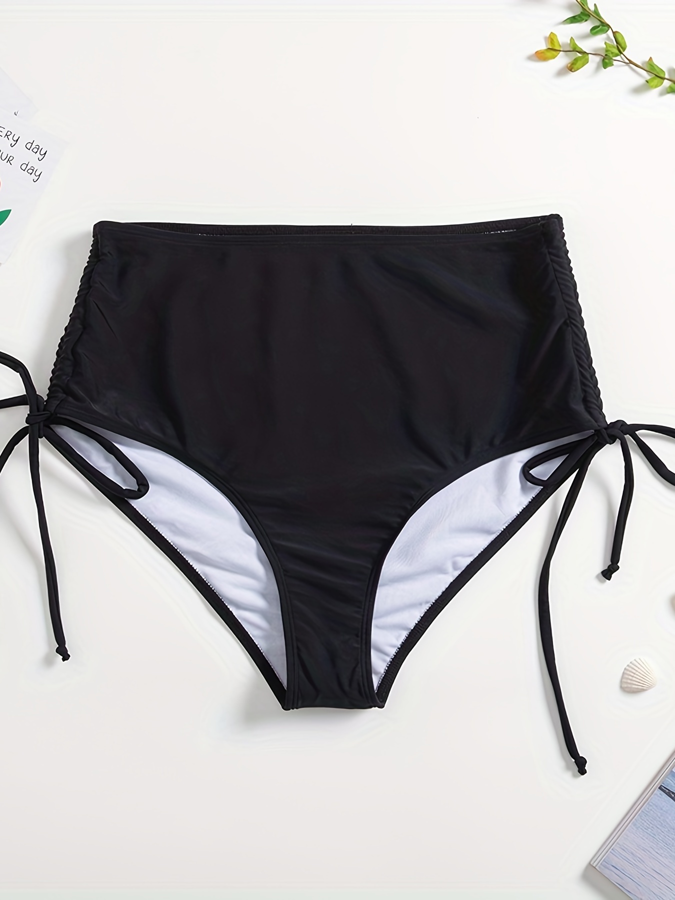 Drawstring High Waist Black Bikini Bottoms, Solid Color Stretchy Tummy  Control Bow Tie Swim Briefs, Women's Swimwear & Clothing