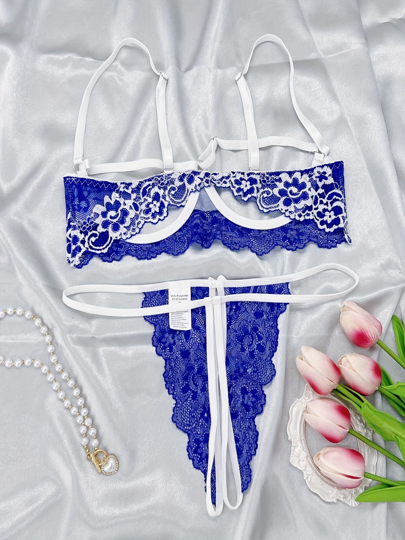 Women Lace Lingerie Set Sleepwear Open Bust Shelf Bra G-String Underwear  2Pcs