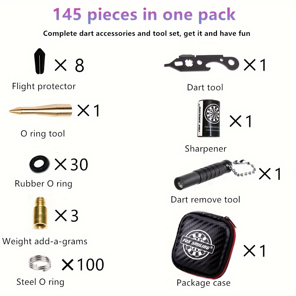 145pcs Fox Smiling Dart Tool Kit | Stainless Steel, Ring, Stone Sharpener, Weight Adder, Flight Protector, Easy Carrying Small Packaging
