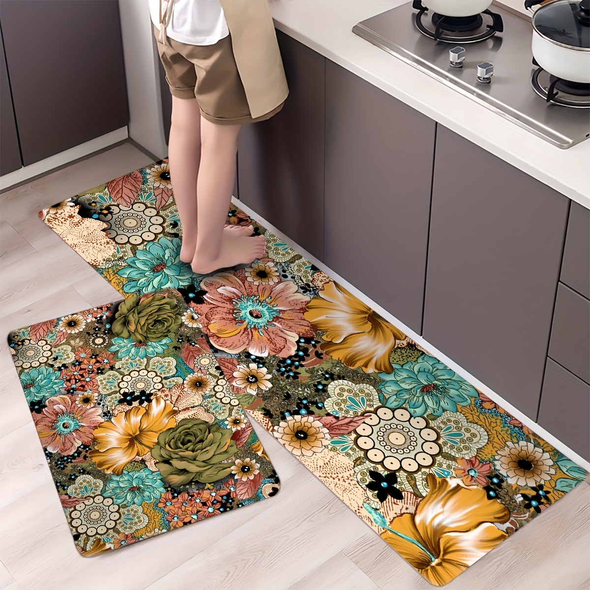 Boho Floral Kitchen Mat Cushioned Anti fatigue Kitchen Rugs - Temu