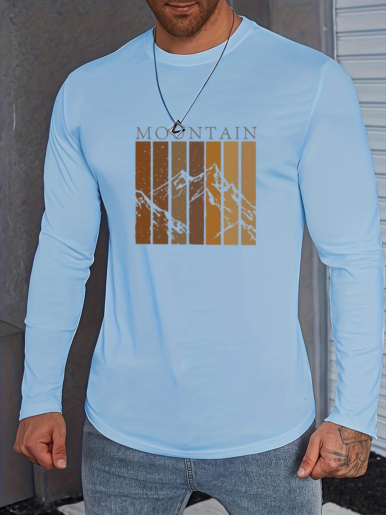 Men's Mountain Pattern Long Sleeve Casual Sports T shirt - Temu