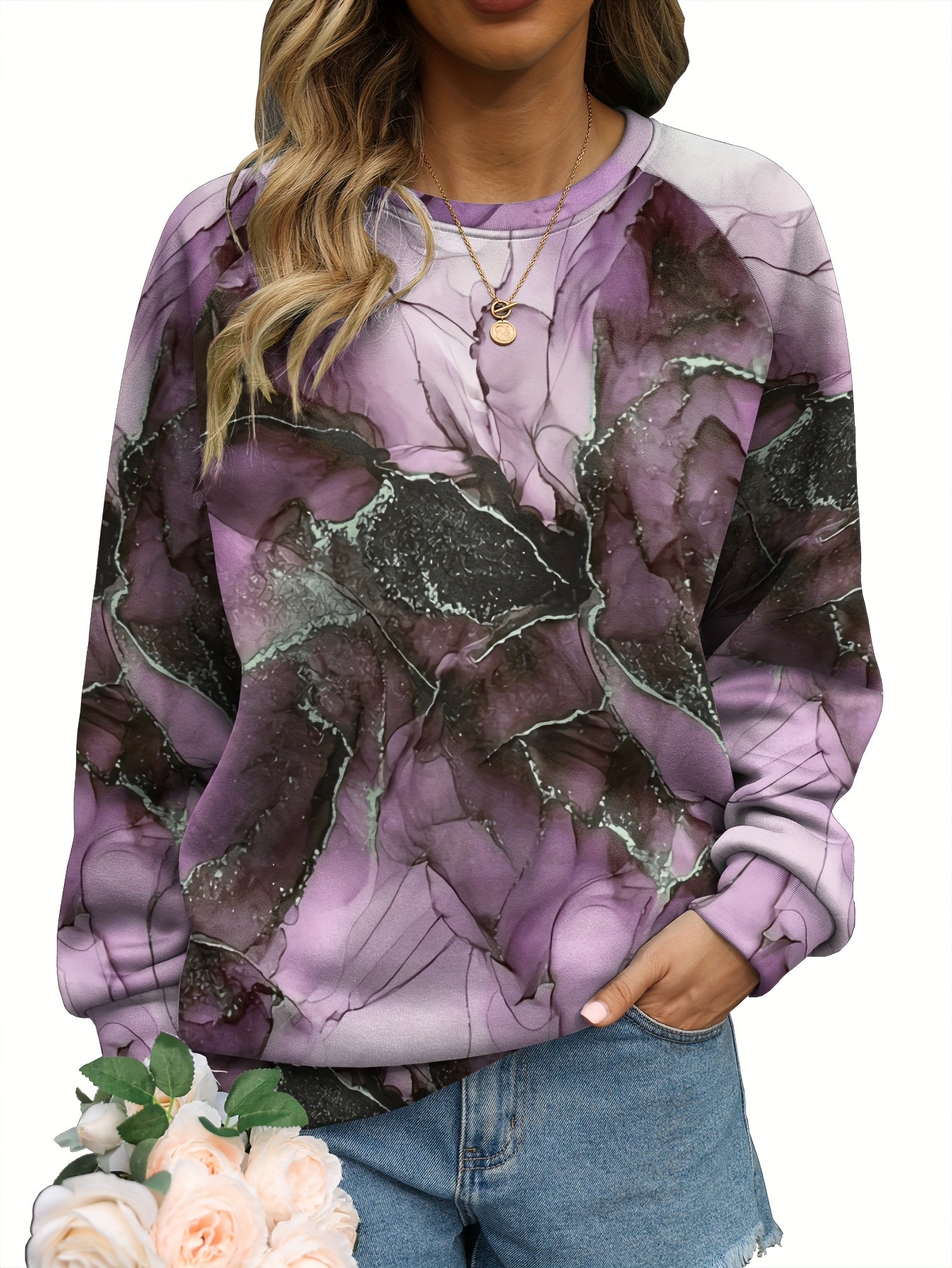 Casual Sweatshirt Women's Plus Marble Print Long Sleeve - Temu