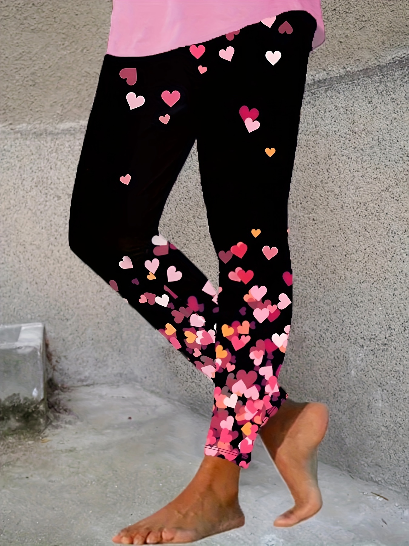 Heart Print High Waist Leggings, Casual Skinny Stretchy Leggings, Women's  Clothing